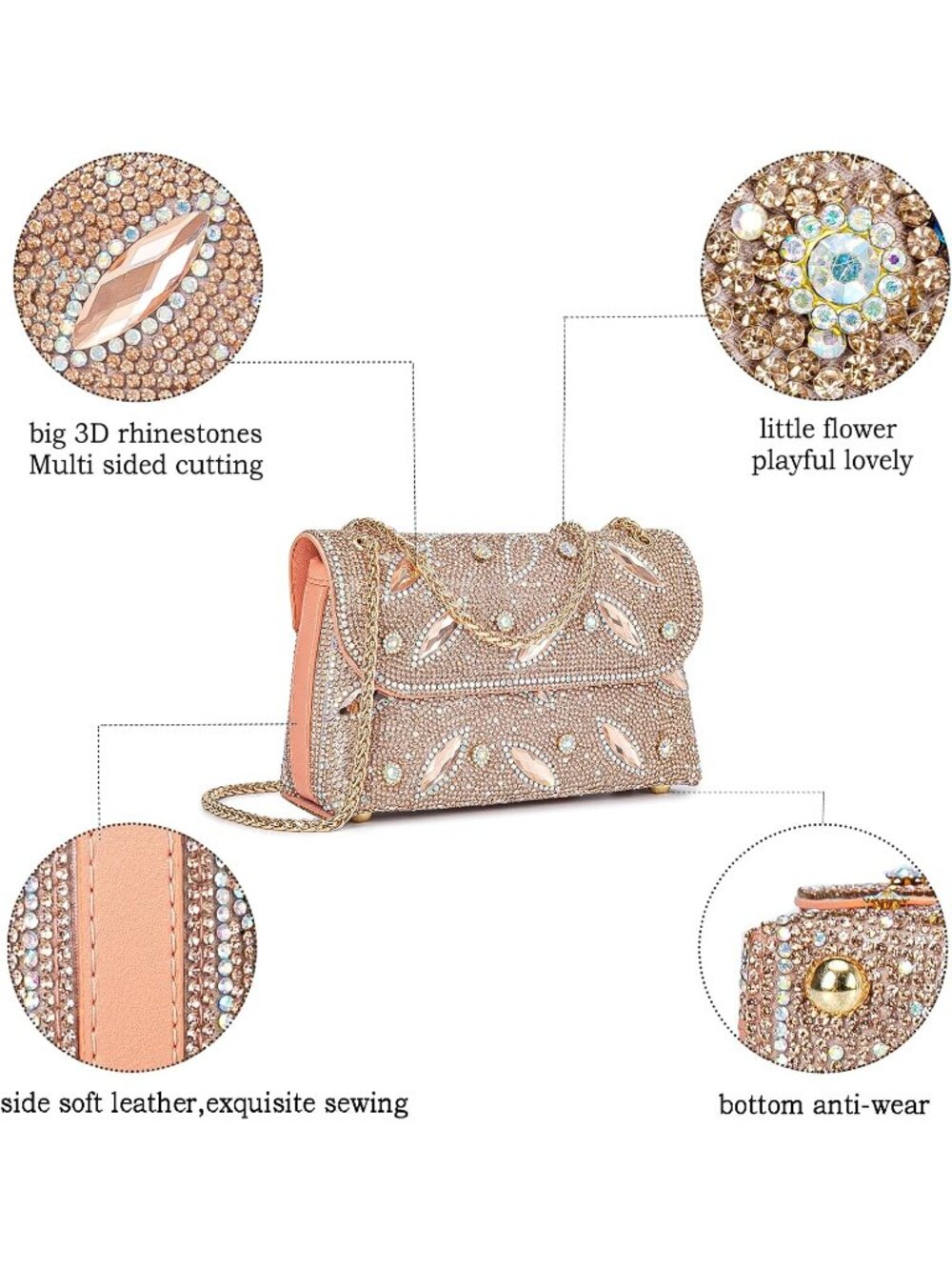 〽️Women's Tan Crystals Rhinestone Chain Strap Square Flower Evening Handbags - Picture 4 of 6